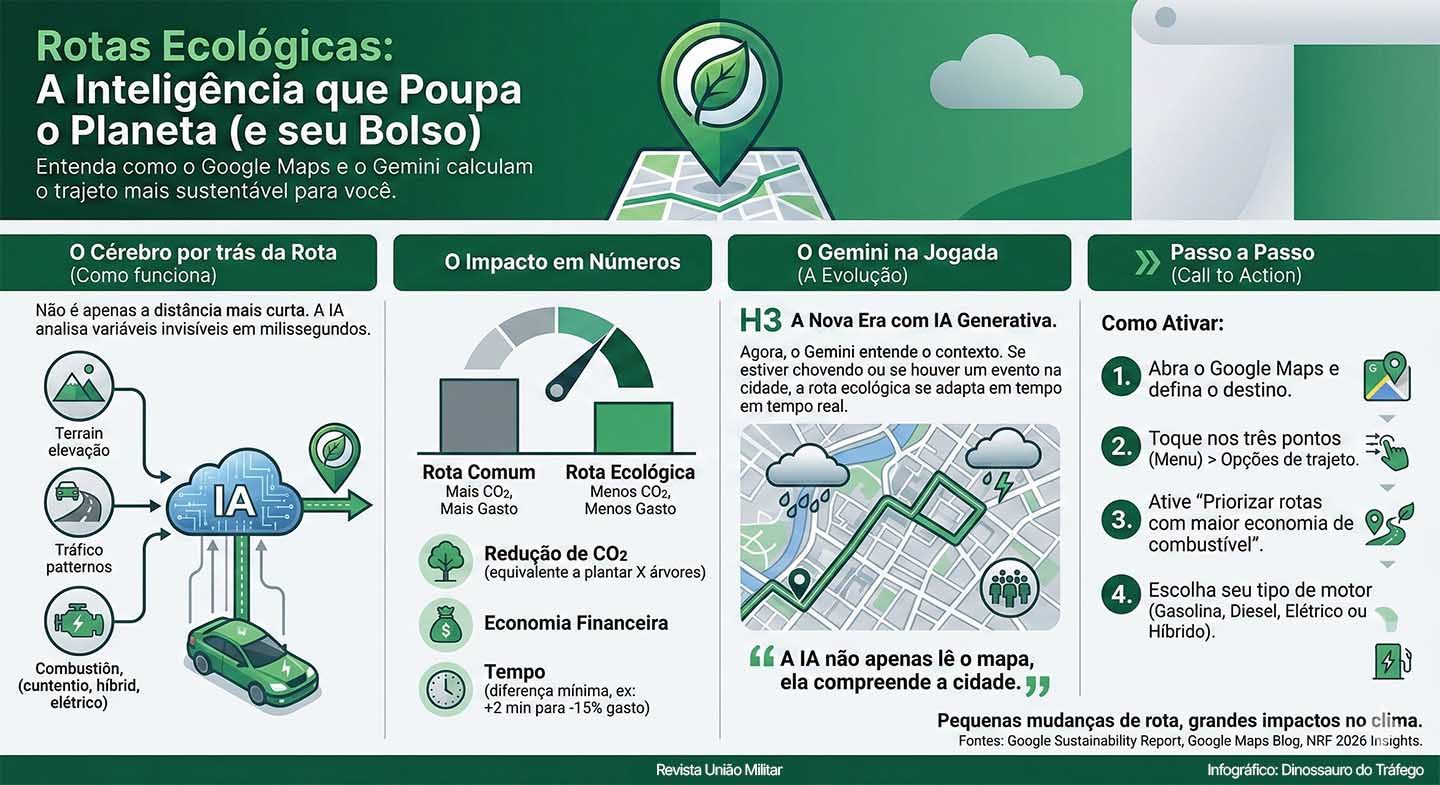 Infográfico mostrando como o Google Maps e o Gemini usam inteligência artificial para calcular rotas ecológicas. Destaque para economia de combustível, redução de emissões de CO2 e guia passo a passo para ativar a função no aplicativo.