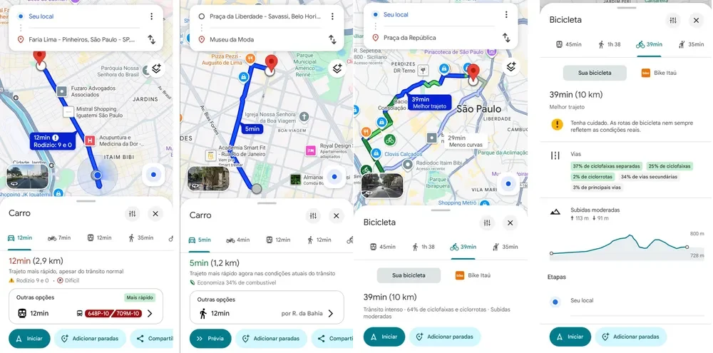 Exemplos de funcionalidades que mostram detalhes das rotas de carro, bicicleta e etapas, destacando a porcentagem de cada via no percurso escolhido.
